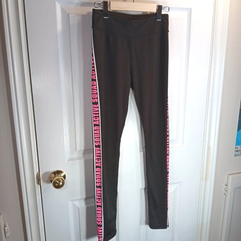 H&M Sport Girls Charcoal Grey Leggings Pink 'Active Squad' Leg Graphics Size 14 - Picture 13 of 13
